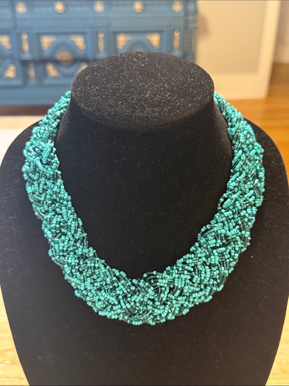 Vintage Southwestern Turquoise Blue Seed Beaded Braided Choker Collar Necklace